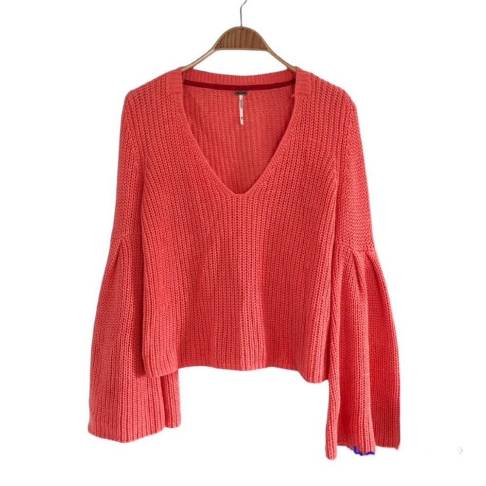 FREE PEOPLE Damsel Bell Sleeve Ribbed a knit Cropped Sweater in Orange